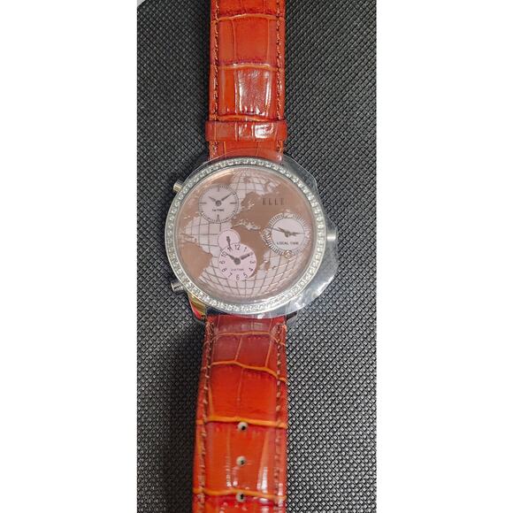Elle Women’s Quartz Dark Orange Leather Strap Peach & Mother Of Pearl Dial 45mm